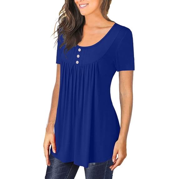 Womens Tops Short Sleeve Round Neck Swing Tunic T-Shirt Solid Button Shirt Ladies Blouse Plus Size Basic Tees Loose Fit Summer Clothes to Hide Belly Fat Casual Outfits