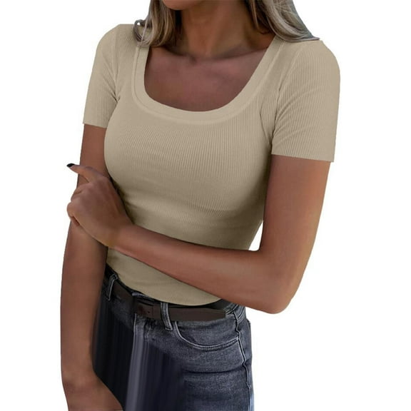 Womens Tops Short Sleeve Scoop Neck Ribbed Knit Fitted Casual Tee Summer Slim Basic Shirt Polyester Spandex 1Pc L Shirts for Women