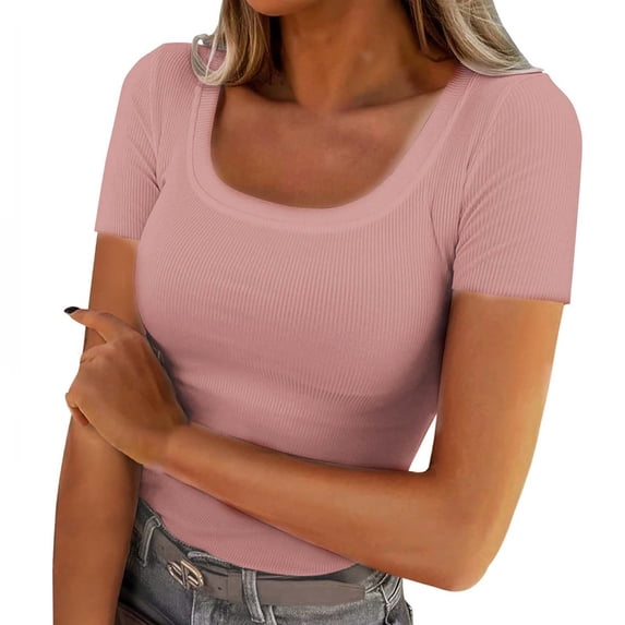 Womens Tops Short Sleeve Scoop Neck Ribbed Knit Fitted Casual Tops Tee Summer Slim Basic Shirts Fashion Clothes Blouses Dressy Casual Women