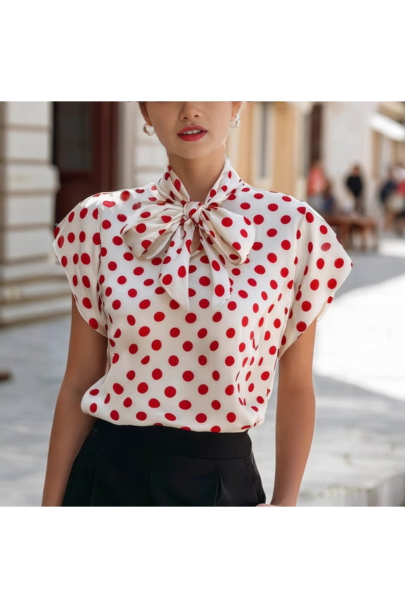 Womens Tops Short Sleeve Shirts Bow Tie Knot Mock Neck Spring Blouses Elegant Workwear Dressy Casual Office Business Casual Summer Outfits, Red L