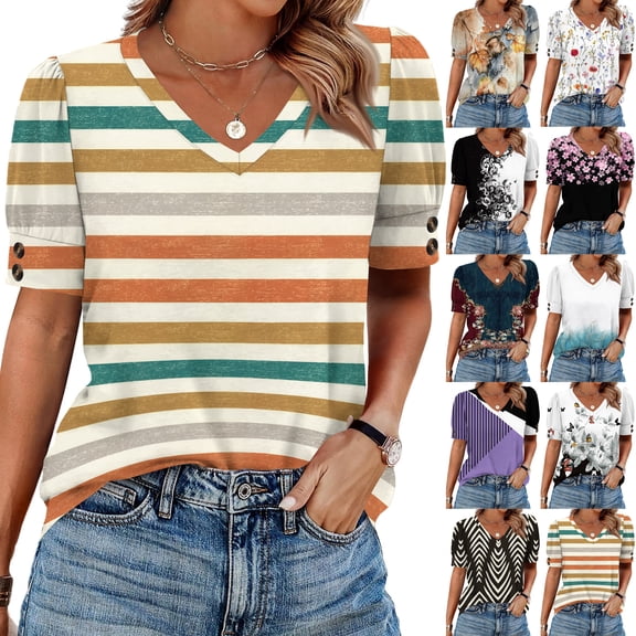 Womens Tops Short Sleeve Shirts Buttons V Neck Spring Fashion Summer Outfits Plus Size Blouses Dressy Casual Blue M