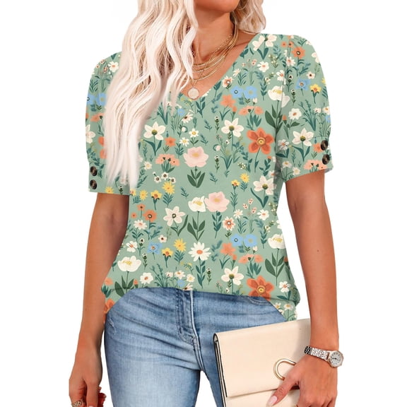Womens Tops Short Sleeve Shirts Buttons V Neck Spring Fashion Summer Outfits Plus Size Blouses Dressy Casual Green S
