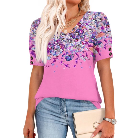 Womens Tops Short Sleeve Shirts Buttons V Neck Spring Fashion Summer Outfits Plus Size Blouses Dressy Casual Hot Pink S