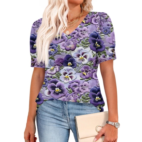 Womens Tops Short Sleeve Shirts Buttons V Neck Spring Fashion Summer Outfits Plus Size Blouses Dressy Casual Purple L