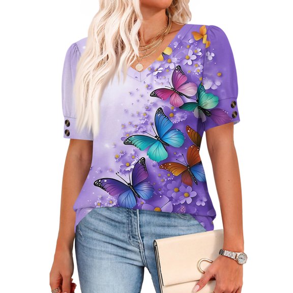 Womens Tops Short Sleeve Shirts Buttons V Neck Spring Fashion Summer Outfits Plus Size Blouses Dressy Casual Purple S