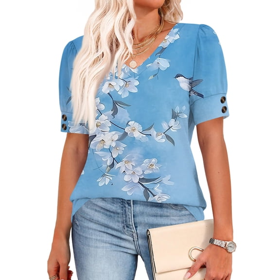 Womens Tops Short Sleeve Shirts Buttons V Neck Spring Fashion Summer Outfits Plus Size Blouses Dressy Casual Royal Blue S