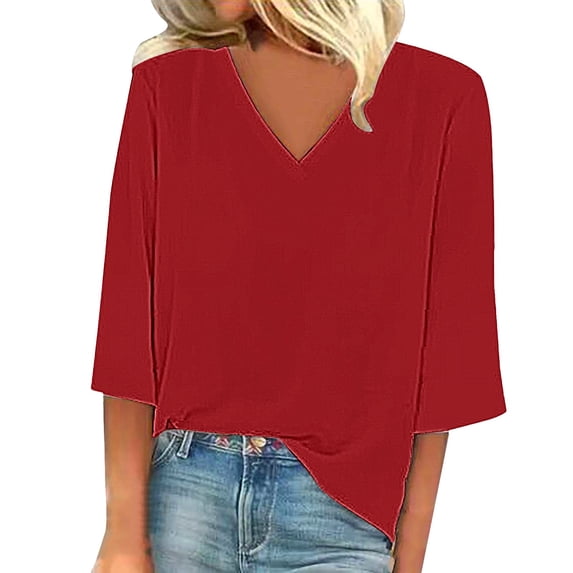 Womens Tops Short Sleeve Solid Color Fashion Casual V Neck Three Quarter Sleeve Tops Fashion Clothes Blouses Dressy Casual Women