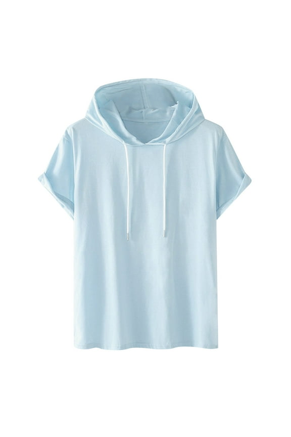 Womens Tops Short Sleeve Sports Casual Solid Fashion Drawstring Hooded Pullover Oversized Tshirts for Women Blue M