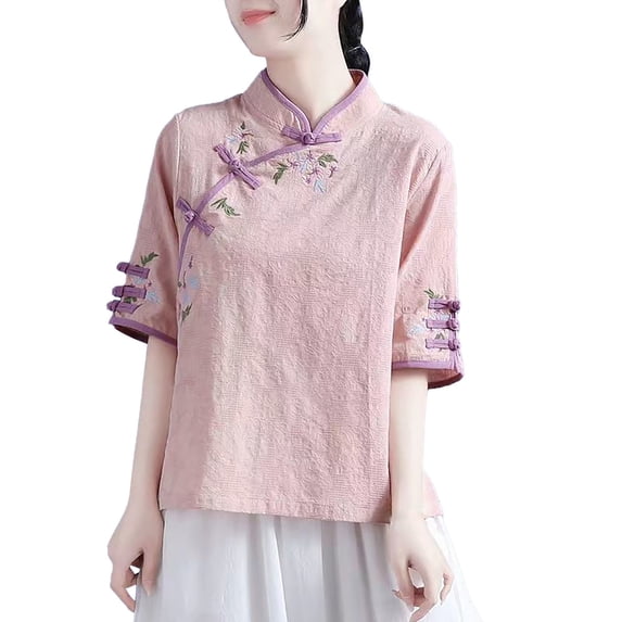 Womens Tops Short Sleeve Spring/Summer Embroidered Tang Dress Half Sleeved Chinese Zen Tea Dress Chinese Cotton Pan Button Qipao Top Fashion Clothes Blouses Dressy Casual Women