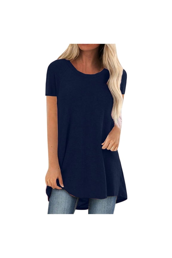 Womens Tops Short Sleeve Spring And Summer Solid Color Rag Shoulder Long T Shirt Round Neck Loose d Pullover Top Fashion Clothes Blouses Dressy Casual Women