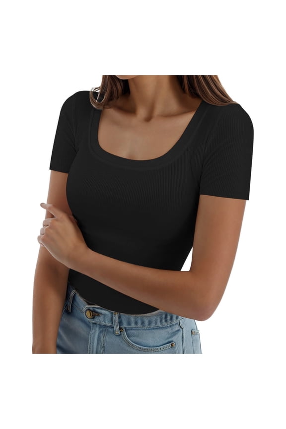 Womens Tops Short Sleeve Square Neck Slim Fitted T Petite Tops for Women,Black,S