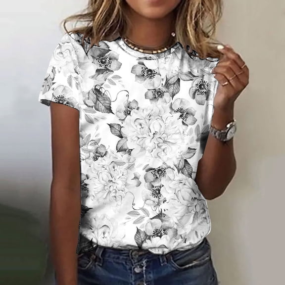 Womens Tops Short Sleeve Summer Fashion Floral Printed Regular Loose Fit Round Neck Casual Shirts White XXL