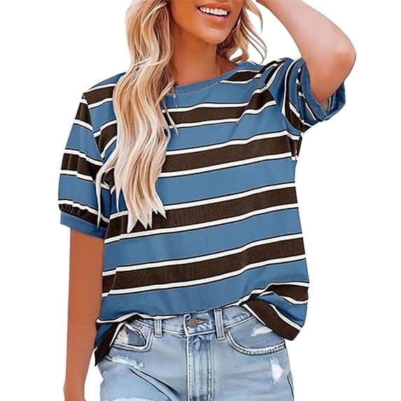 Womens Tops Short Sleeve Summer Tops 2025 Striped Color Block T Shirts Crewneck Casual Loose Basic Tee Blouses Fashion Clothes Blouses Dressy Casual Women