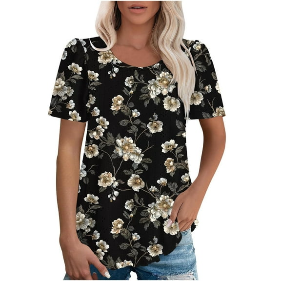 Womens Tops Short Sleeve T-Shirts Blouse Dressy Casual Eyelet Floral Tshirts Crewneck Tunic Blouses