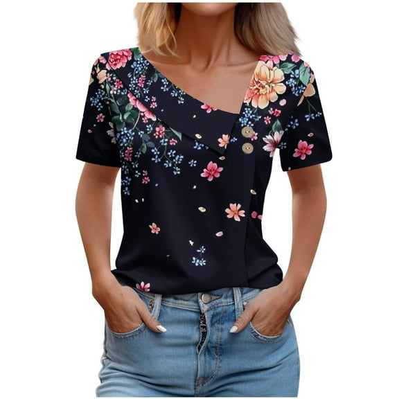 Womens Tops Short Sleeve T-Shirts Oblique Neck Button Down Tunic Top Summer Boho Floral Tee Shirts