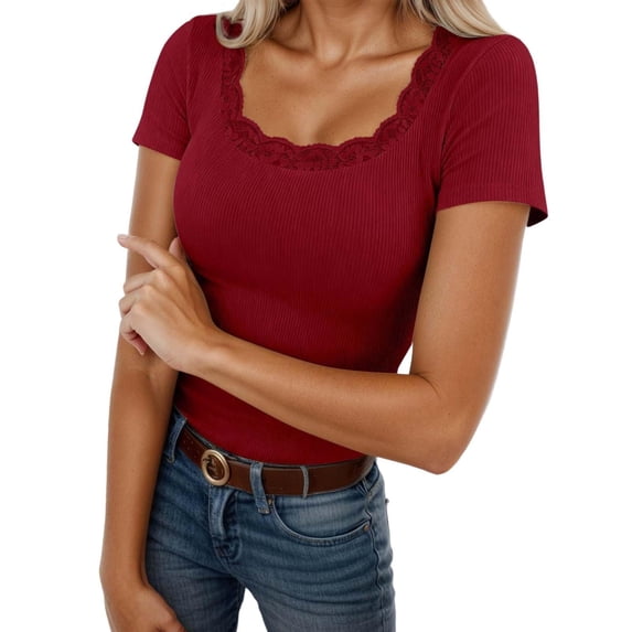 Womens Tops Short Sleeve Tops Neck Lace Trim Ribbed Tight Shirts Casual Basic Tee Spring Clothes 2026 Trendy on Sale
