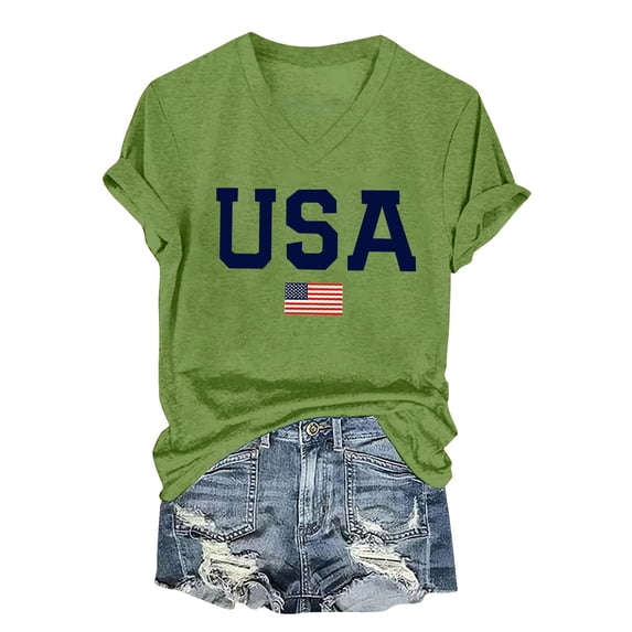Womens Tops Short Sleeve USA Flag T Shirts V Neck American Flag Graphic Tees Casual 4th Of July Patriotic Tshirt Tops Fashion Clothes Blouses Dressy Casual Women