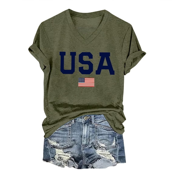 Womens Tops Short Sleeve USA Flag T Shirts V Neck American Flag Graphic Tees Casual 4th Of July Patriotic Tshirt Tops Fashion Clothes Blouses Dressy Casual Women