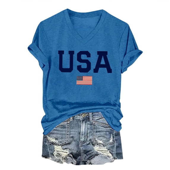 Womens Tops Short Sleeve USA Flag T Shirts V Neck American Flag Graphic Tees Casual 4th Of July Patriotic Tshirt Tops Fashion Clothes Blouses Dressy Casual Women