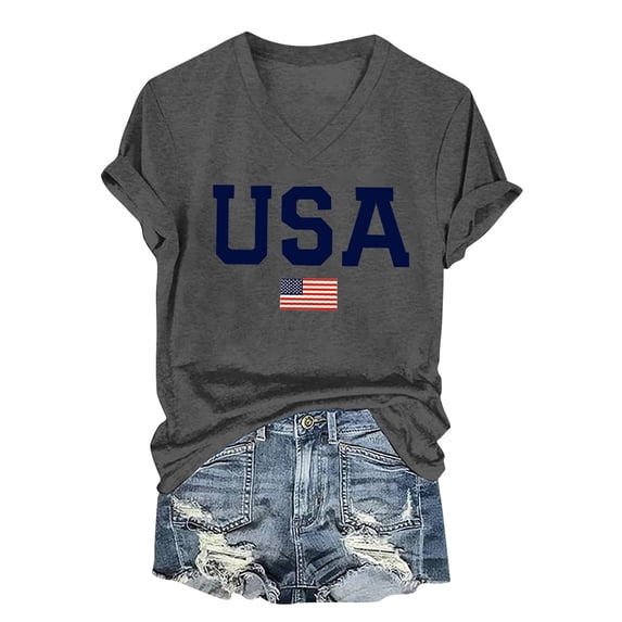 Womens Tops Short Sleeve USA Flag T Shirts V Neck American Flag Graphic Tees Casual 4th Of July Patriotic Tshirt Tops Fashion Clothes Blouses Dressy Casual Women