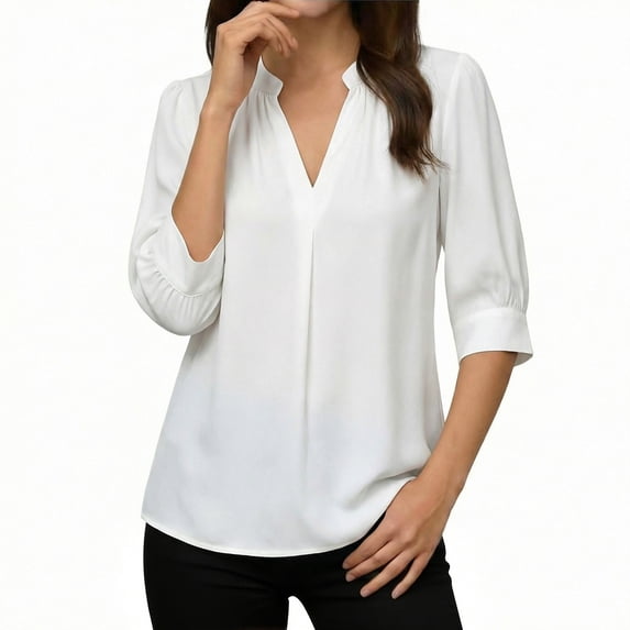 Womens Tops Short Sleeve V-Neck Button Summer Pullover Solid T-Shirt White XXL
