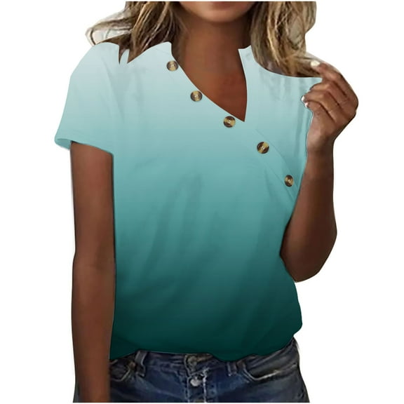 Womens Tops Short Sleeve V Neck Gradient Color Fashion Summer Print V Neck T Shirt Short Sleeve Casual Blouse