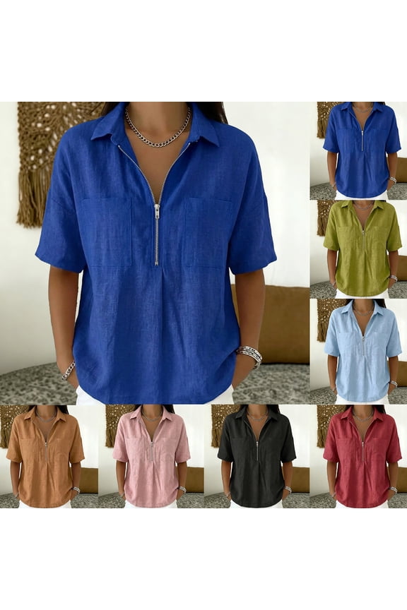 Womens Tops Short Sleeve V Neck Shirts Casual Loose Fit Shirt Collarless Zip Front For Relaxed Flowy Basic Shirts S-XXL