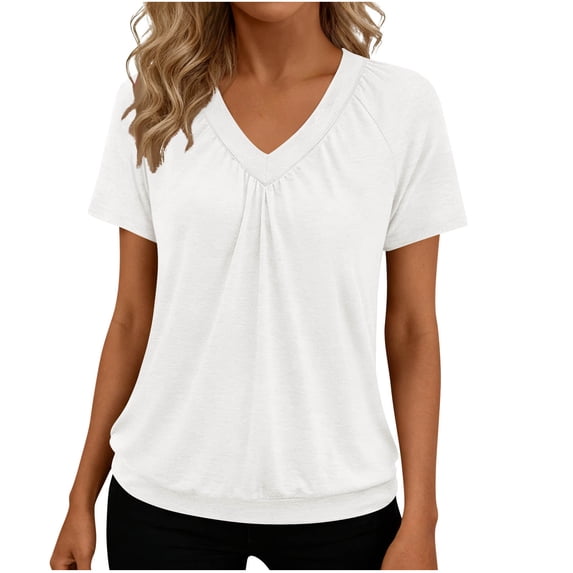 Womens Tops Short Sleeve V Neck T Shirts 2026 Spring Summer Beach Vacation Clothes Casual Loose Ruched Top