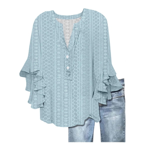 Womens Tops Short Sleeve V Neck Tie Button Hollow Fabric Ruffled Sleeves Loose Casual Breathable s Fashion Clothes Blouses Dressy Casual Women
