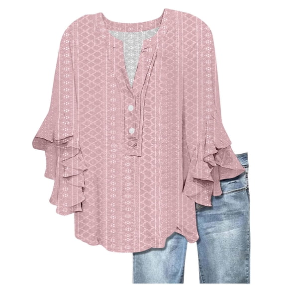 Womens Tops Short Sleeve V Neck Tie Button Hollow Fabric Ruffled Sleeves Loose Casual Breathable s Fashion Clothes Blouses Dressy Casual Women