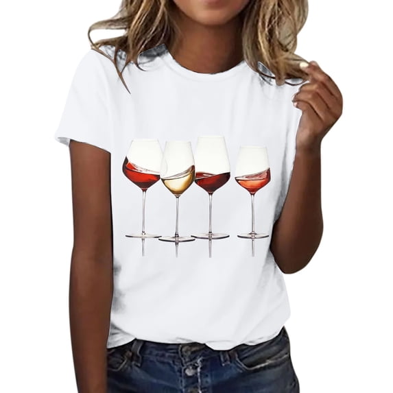 Womens Tops Short Sleeve Wine Glass Printed Shirt Round Neck T Shirt Fashion Top Lightweight Soft Casual Summer Clothing Clothes Fashion Clothes Blouses Dressy Casual Women