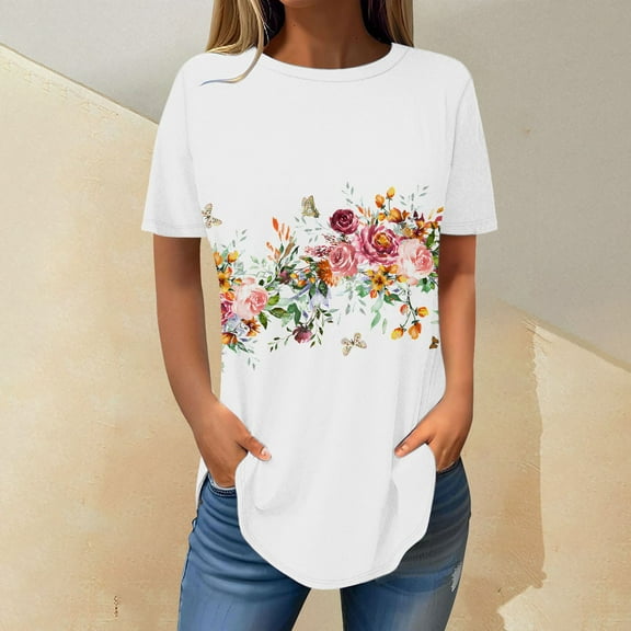 Womens Tops Short Sleeve Womens Tops 2025 Spring Neck Casual Print Tunic T Shirts Womens Tops Shirts for Women