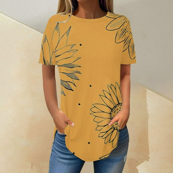 Womens Tops Short Sleeve Womens Tops 2025 Spring Neck Casual Print Tunic T Shirts Womens Tops Shirts for Women