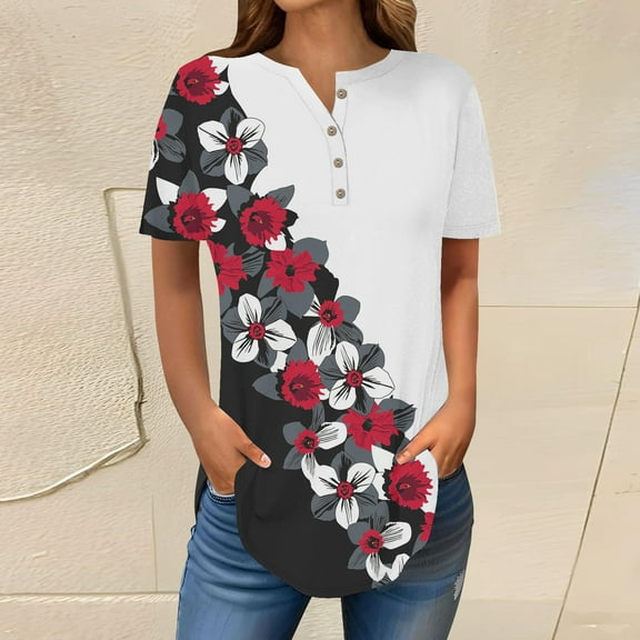 Womens Tops Short Sleeve Womens Tops 2025 Spring Neck Casual Print Tunic T Shirts Womens Tops Shirts for Women