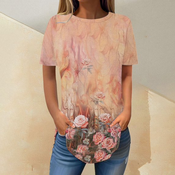 Womens Tops Short Sleeve Womens Tops 2025 Spring Neck Casual Print Tunic T Shirts Womens Tops Shirts for Women