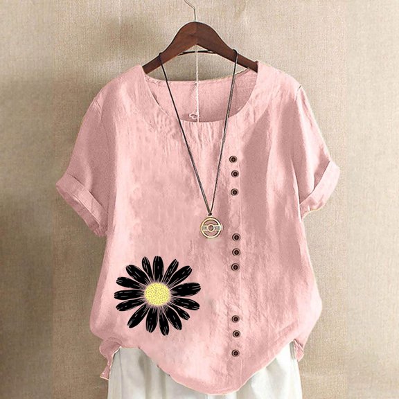 Womens Tops Short Sleeve, Xunlbb Women Fashion Casual Linen Top Printed Short Sleeve Button T-shirt Blouse Top ,Women's Tops for Workout/Running/Hawaiian Beach Vacation Pink