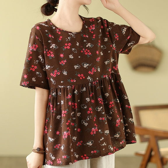 Womens Tops Short Sleeve, Xunlbb Women's Summer Cotton And Linen Floral Oversized Casual Loose Short Sleeved T-shirt Top Short Sleeved Round Neck Top/shirt ,Women's Tops Brown