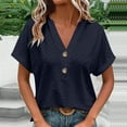 thumbnail image 1 of Womens Tops Short Sleeved Button V-neck Casual Solid Color T-shirt Dark Blue,Blouse for Women, 1 of 6