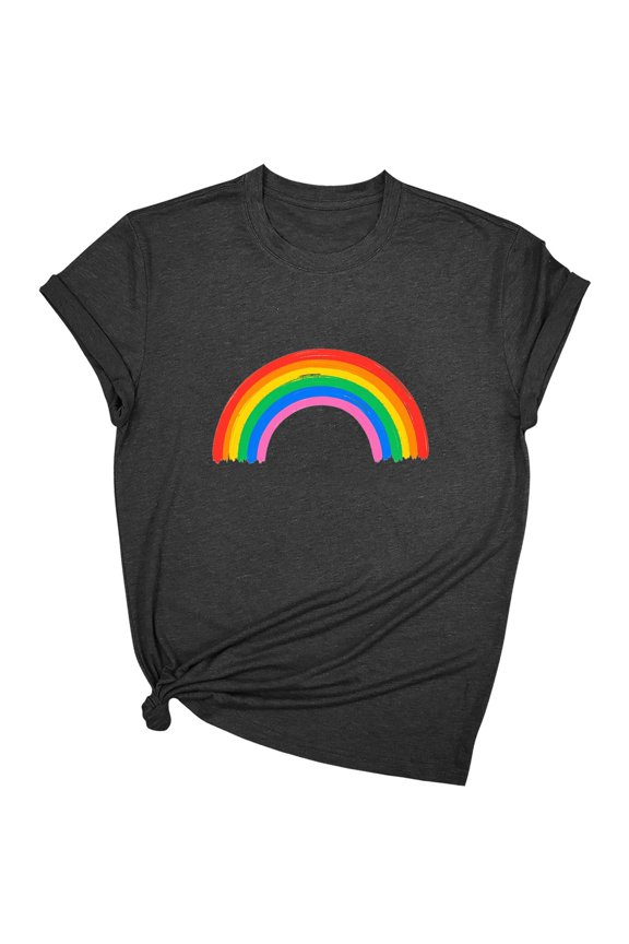 Womens Tops Short Sleeved Rainbow Love Printed Round Neck T-shirt Black S