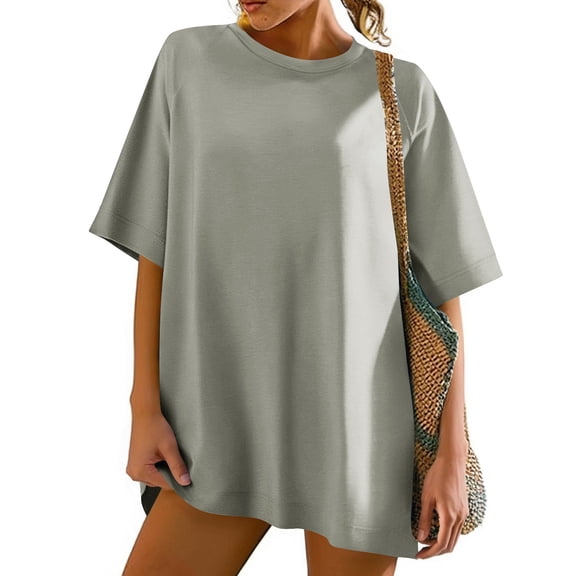 Womens Tops Short Sleeved Round Neck Solid Color Loose Top Gray M