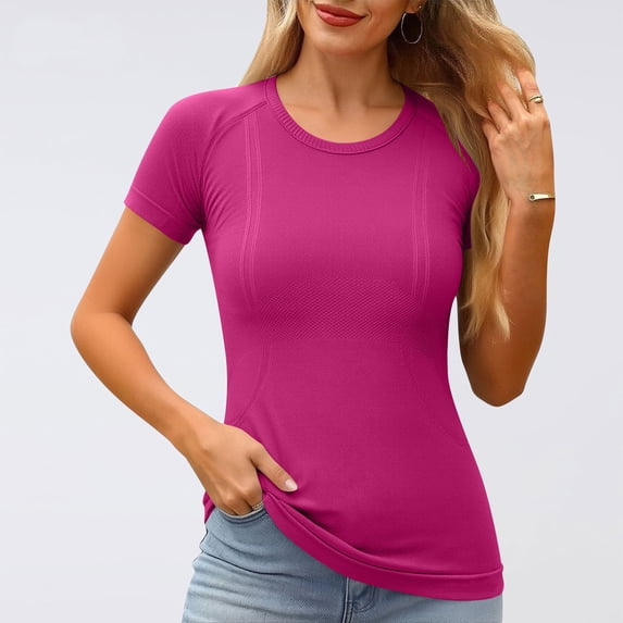 Womens Tops Short Sleeved Round Neck Sports T-shirt Running Fitness Yoga Top Hot Pink S