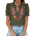 thumbnail image 1 of Womens Tops Short Sleeved Summer Cotton and Linen Embroidered V Neck Artistic Loose Pullover T Shirt, 1 of 6