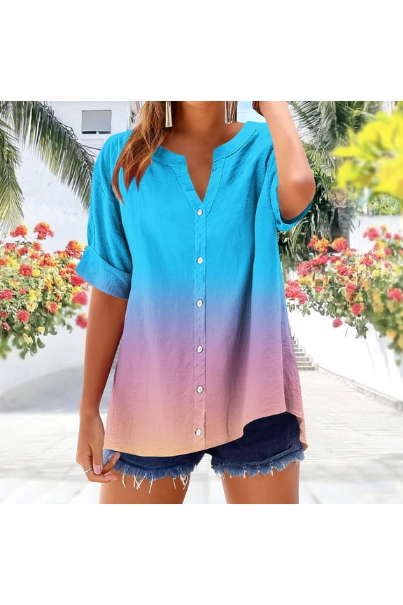Womens Tops Short Sleeved V-neck Gradient Printed Summer Button Loose T-shirt Sky Blue M
