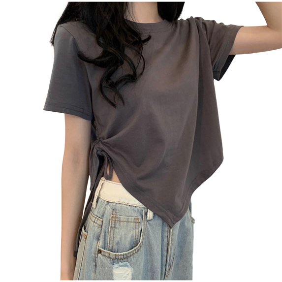 Womens Tops Short-sleeved Drawstring Round-neck Solid-color Casual T-shirt Gray M