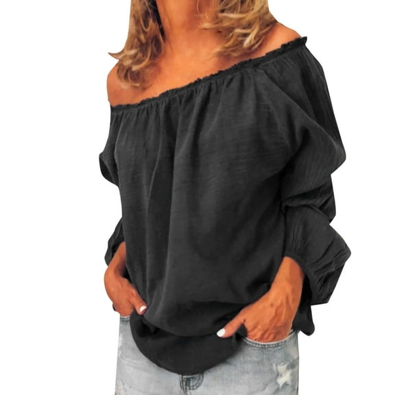 Womens Tops Off Shoulder Casual Ruffle Sleeve Loose T-Shirt Top High-Quality Polyester Durable Stylish Fashion Casual Daily Banquet Pairs With Bikini Jeans M Sweaters For Women
