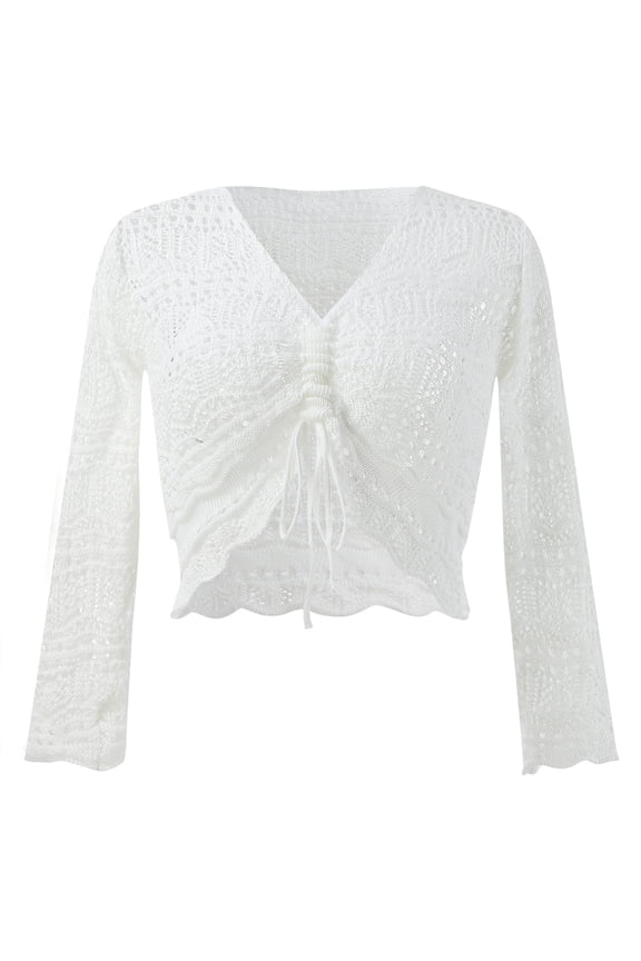 Womens Tops Shoulder Sheer Crop Top Bell Sleeves Flowing Oversized Crochet Hem Pullover Sweater Or Swimsuit Cover Blouses For Women