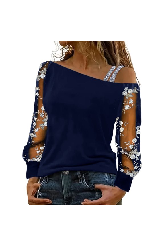 Womens Tops Slant Neck Mesh Off The Shoulder Long Sleeve T Shirt Fashion Line Neck Base Top Blouses For Women