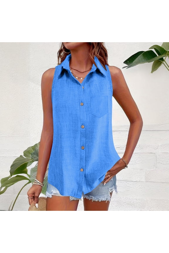Womens Tops Sleeveless Button Linen Shirts Casual Collared Tank Top V Neck Summer Blouses Work Office Tops