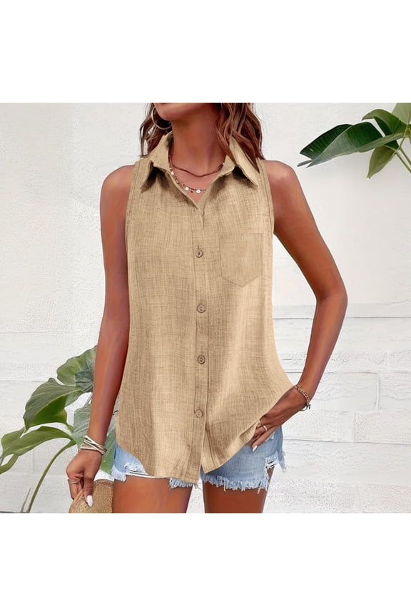 Womens Tops Sleeveless Button Linen Shirts Casual Collared Tank Top V Neck Summer Blouses Work Office Tops