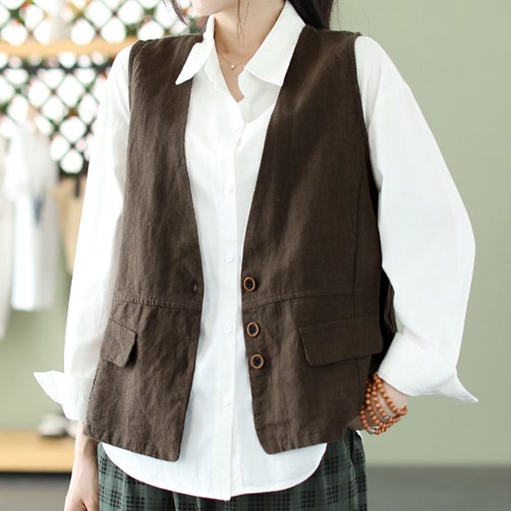 Womens Tops Sleeveless Pocket Cotton Linen Buttons Loose Jacket Brown M